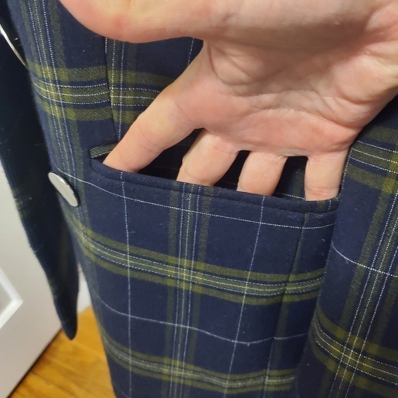 Navy Plaid Fully Lined Career Blazer Medium Navy/Green Classic - Picture 6 of 12